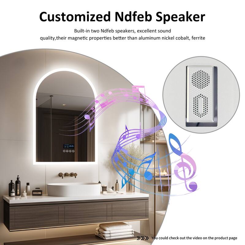 Smart Arched LED Bathroom Mirror Illuminated Anti-Fog with Bluetooth - 24" Wx36" H