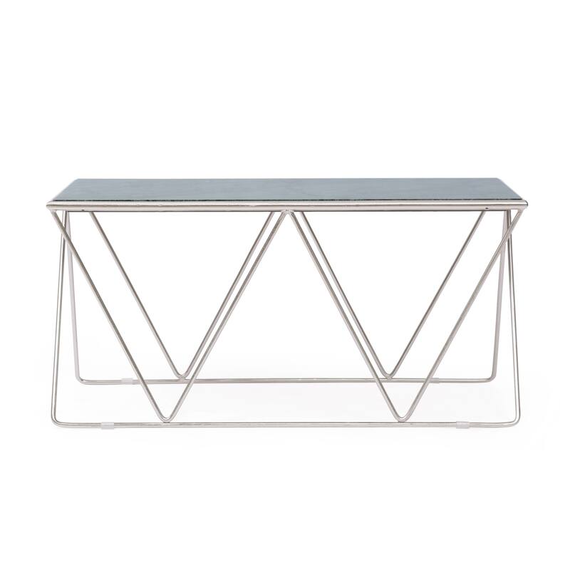 Roomfitters Modern Accent Coffee Table with Faux Green Marble Glass Top, Geometric Silver Metal Frame, Contemporary Style