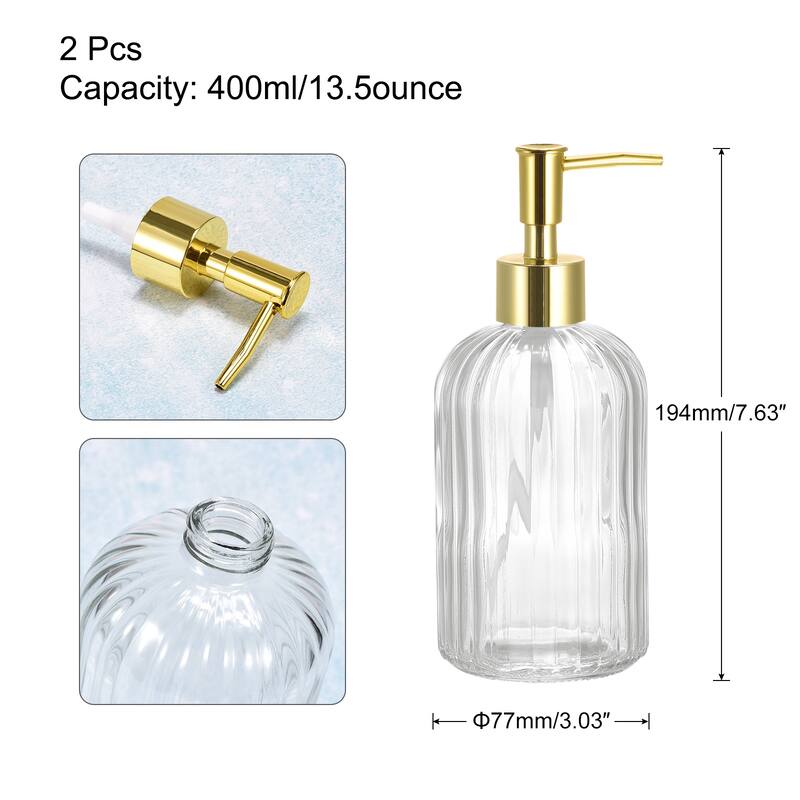 Soap Dispensers Set - 2 Pack 13.5Oz Glass Dish Hand Soap Dispenser with Golden Pump for Kitchen Bathroom - Clear