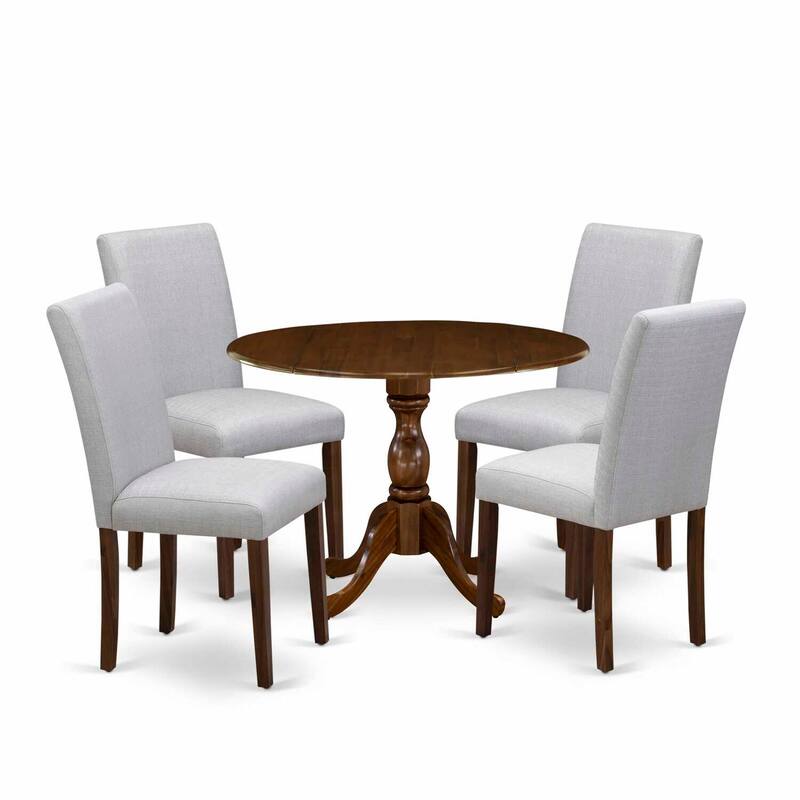 HomeStock 5-Piece Antique Walnut Finish Solid Wood Top Dining Table with 4 Parson Chair with Drop Leaf Lattice Back