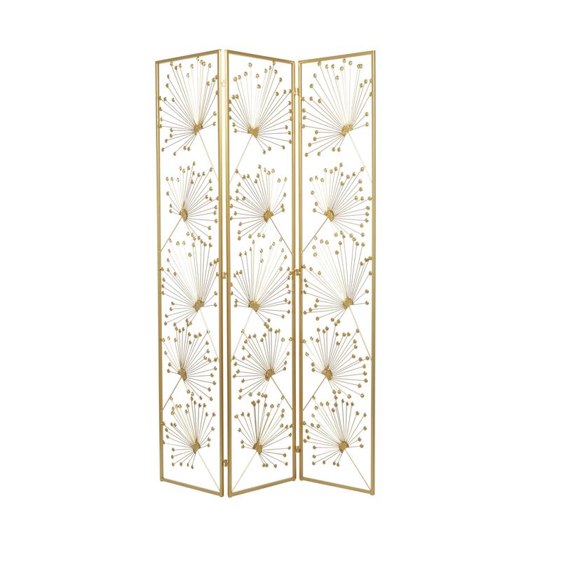 Metal Floral Hinged Foldable Partition 3 Panel Room Divider Screen with Crystal Embellishments - Gold - Roche River Decor
