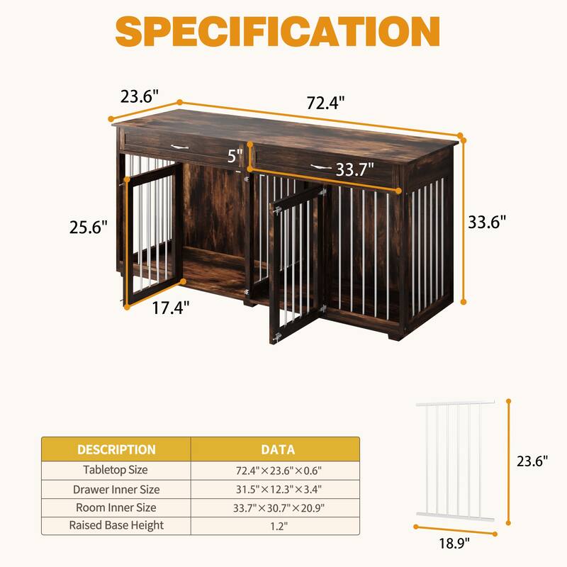 72.4 Inch Wooden Large Furniture Dog Crate with Drawers & Divider