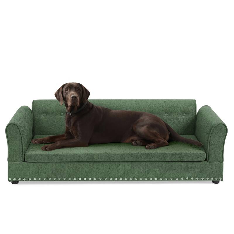 Oversized Pet Sofa, Elegant Modern Linen Fabric Elevated Dog Sofa Bed, Oversized Rectangular Pet Bed with Backrest & Armrest