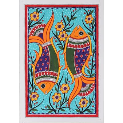 Novica Handmade Fish Symmetry Madhubani Painting