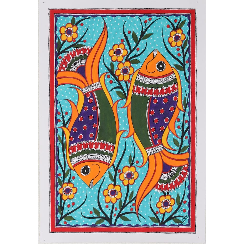 Novica Handmade Fish Symmetry Madhubani Painting