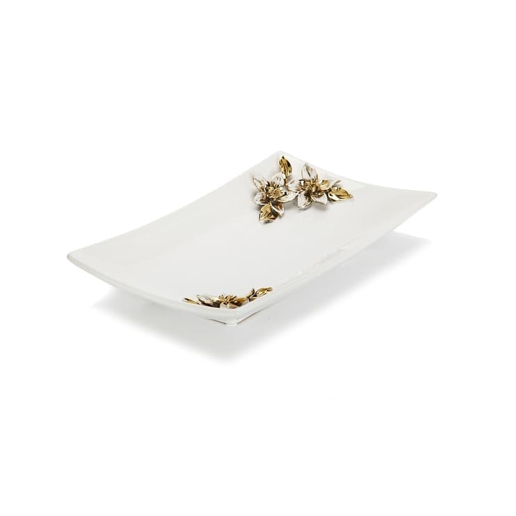 White Porcelain Tray with Flower on handles - 16"L x 11"W