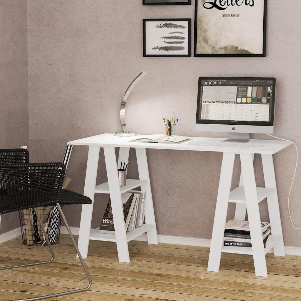 Boahaus Naha Modern Computer Desk, White, 2 Bookcases