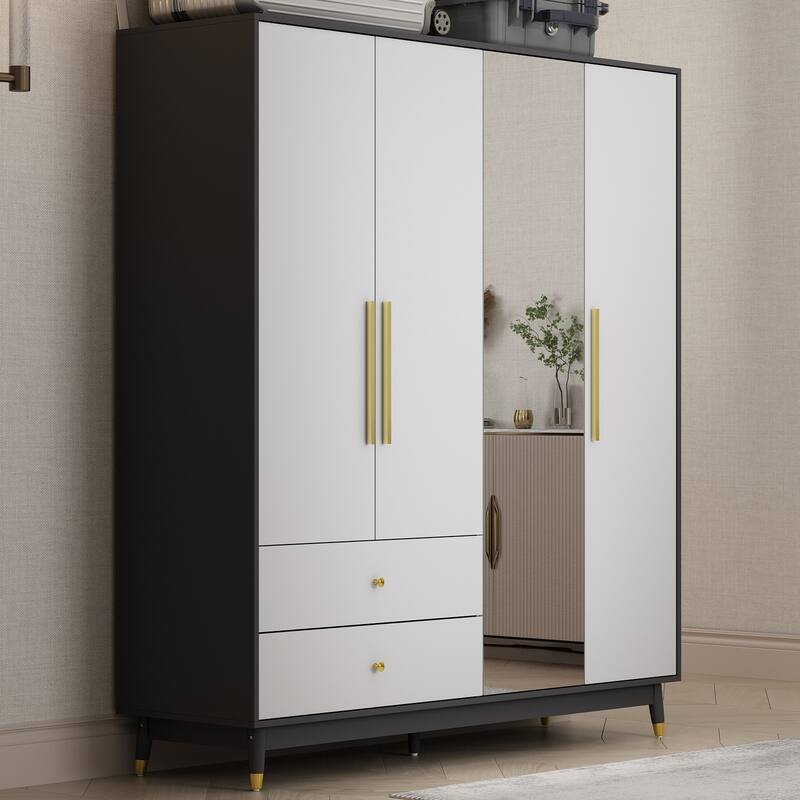 Wooden 2 Drawers 4 Doors Wardrobe Armoire With Mirror (Gray/Black)
