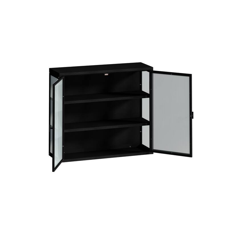 Glass Doors Modern Two-door Wall Cabinet with Featuring Three-tier Storage for Entryway Living Room Bathroom Dining Room