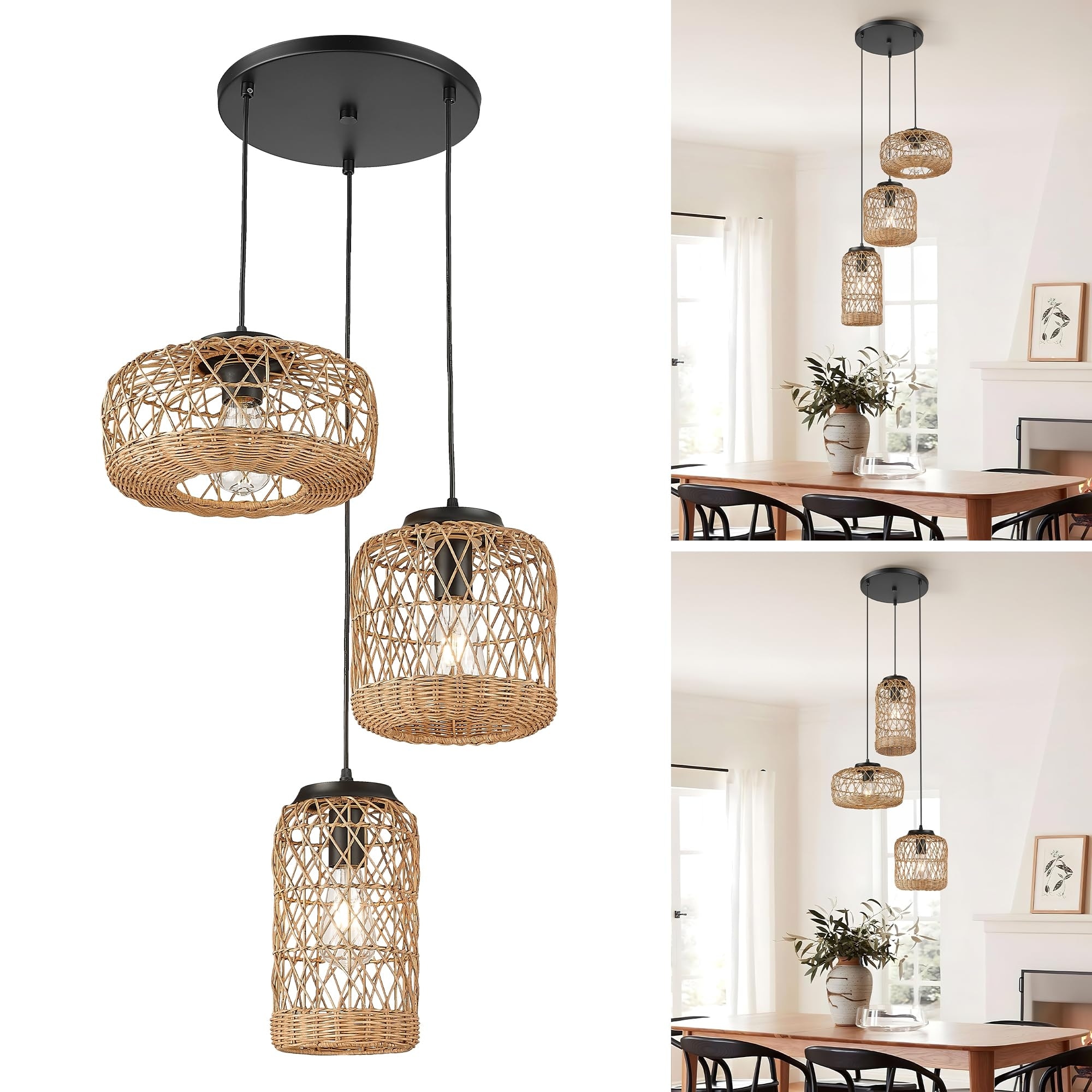 3-Light Rattan Cluster Pendant Light, Wicker Chandelier