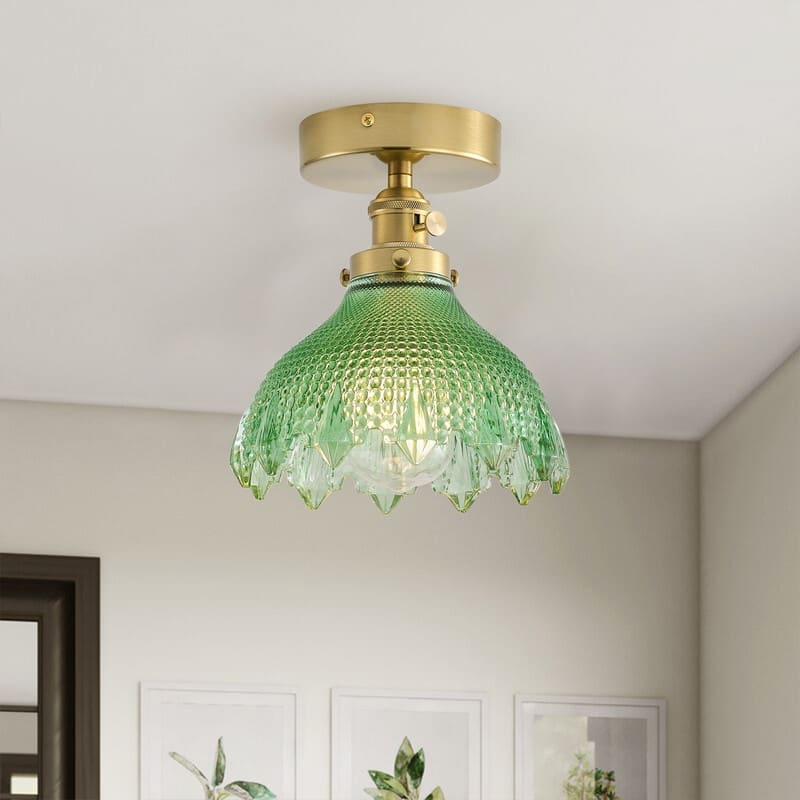 Vintage Green Glass 1-Light Semi Flush Mount Ceiling Light with Brass Finish