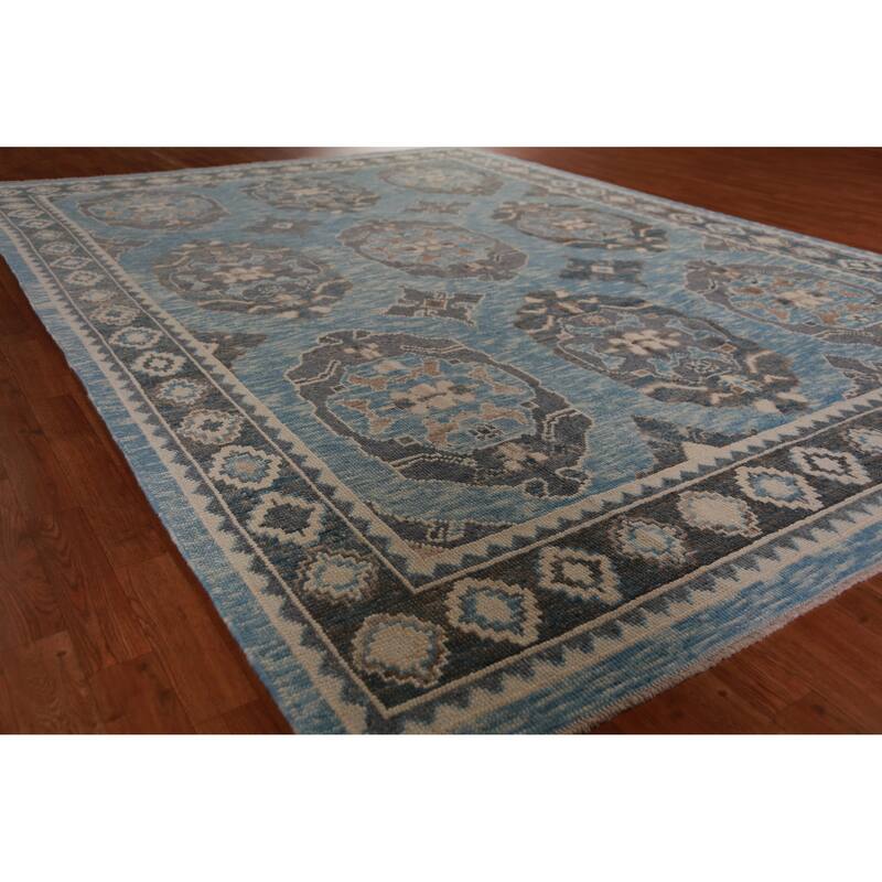 Hand Knotted Oriental 100% Wool Carpet Transitional Geometric Navy Blue & Blues Oushak Area Rug - 11' 4'' X 8' 3''