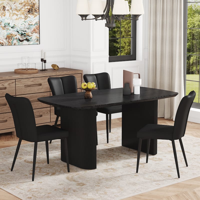 5-Piece Dining Table Set.67 * 35.4 inch wood grain MDF dining table with 4 PU chairs with a vertical stripe design