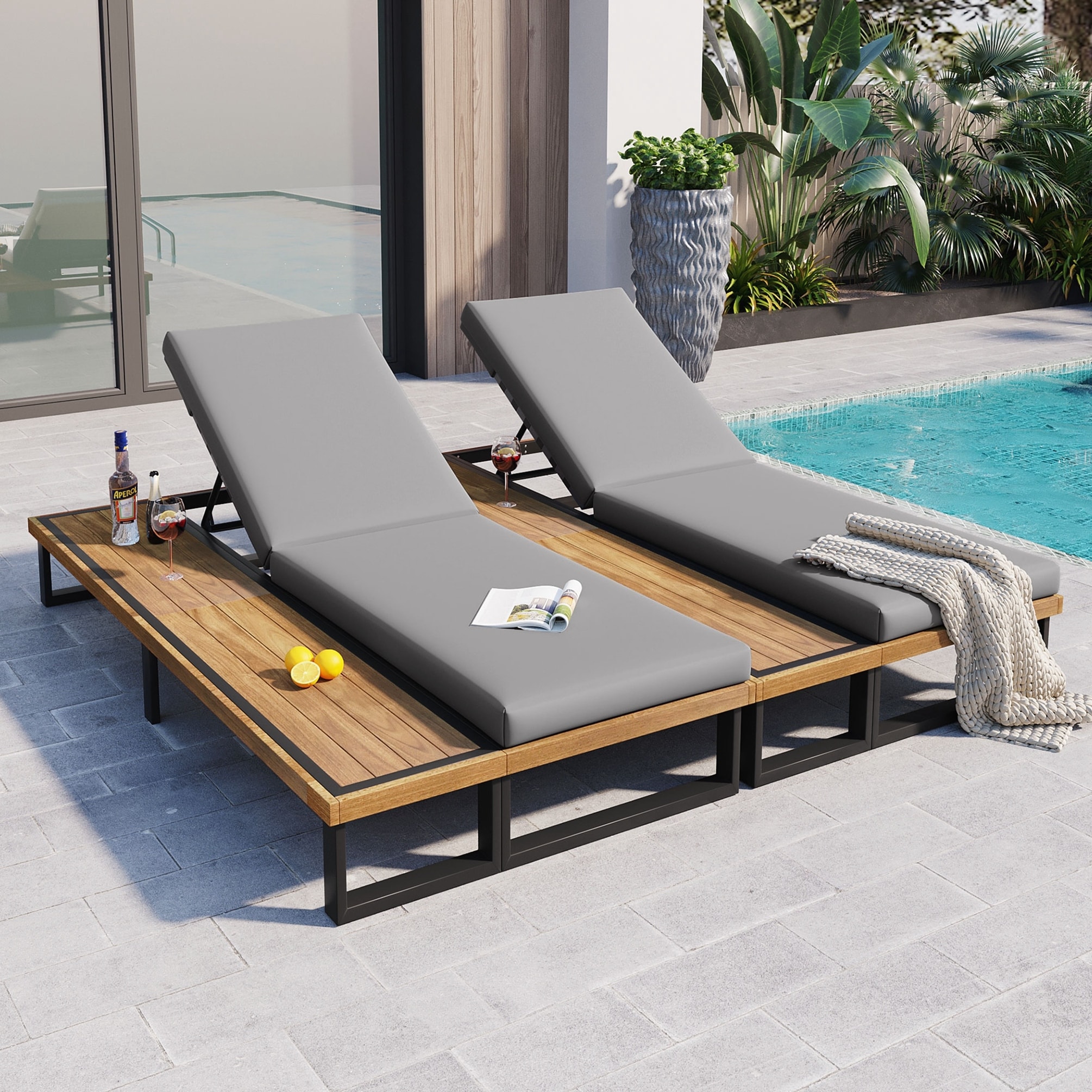 Outdoor Chaise Lounge Chair Set of 2 with 5-Position Adjustable Backrest , Reclinings with Cushions