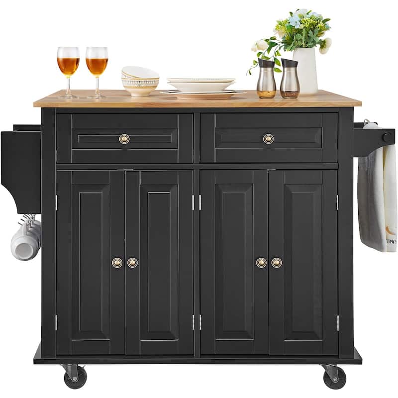 Black Kitchen Island Cart Rolling Storage Cabinet on Wheel with 2 Drawer and 2 Adjustable Shelves - 43x28x32 inch