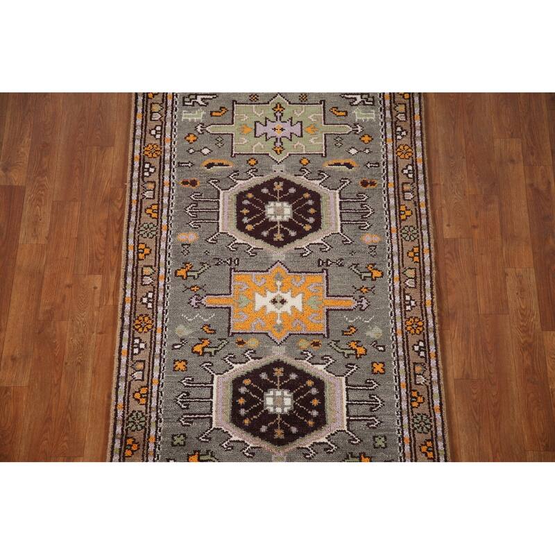 Geometric Grey Kazak Indian Rug Hand-Knotted Wool Carpet - 3'0"x 5'0"