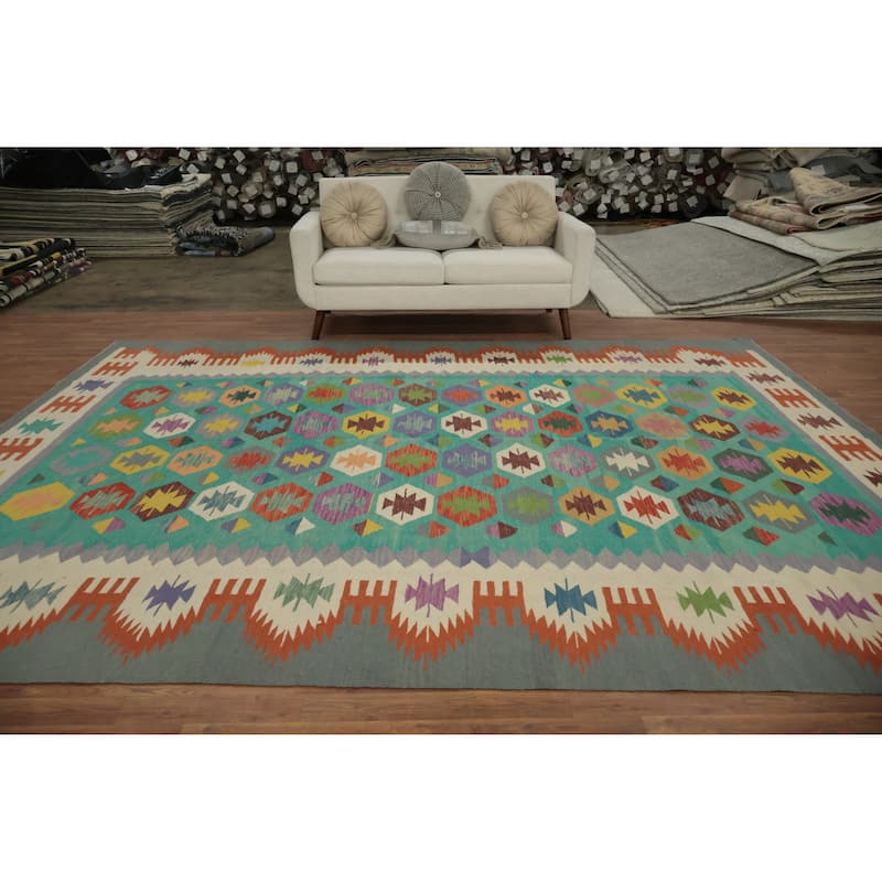 Hand Woven Oriental 100% Wool Carpet Southwestern Tribal Green Kilim Area Rug - 11' 10'' X 9' 0''