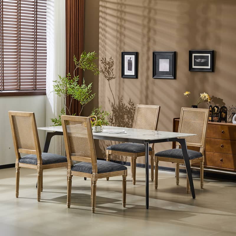 [Set of 4] French Country Dining Chairs - Elegant Cane Backrest & Upholstered Seats with Fluted Legs- Solid Rubberwood Frame - Blue Gray