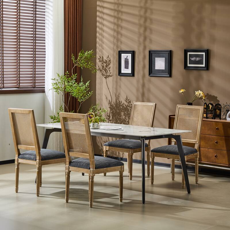 Modern 4 Piece Rattan Dining Chair with Backrest Cushions Wooden Legs for Dining Room Kitchen Living Room Bedroom - Blue