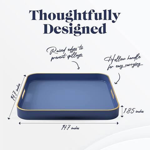 American Atelier Blue Serving Square Tray with Gold Trimming & Handles - Blue/Gold - 13.3 x 13.3 in