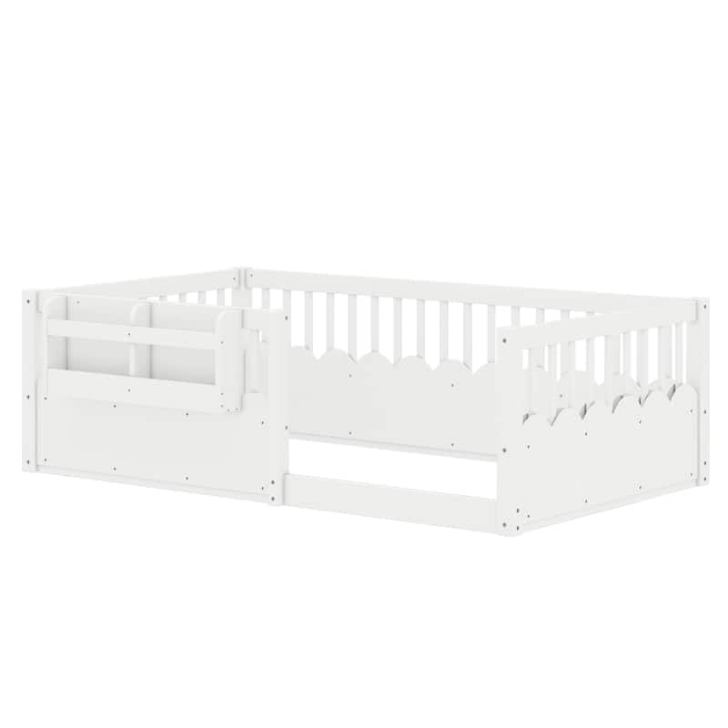 Montessori Floor Bed Kids Bed Frame with Heightened Fence and Bookshelf, Wavy Decoration Wood Platform Bed, No Slats Design