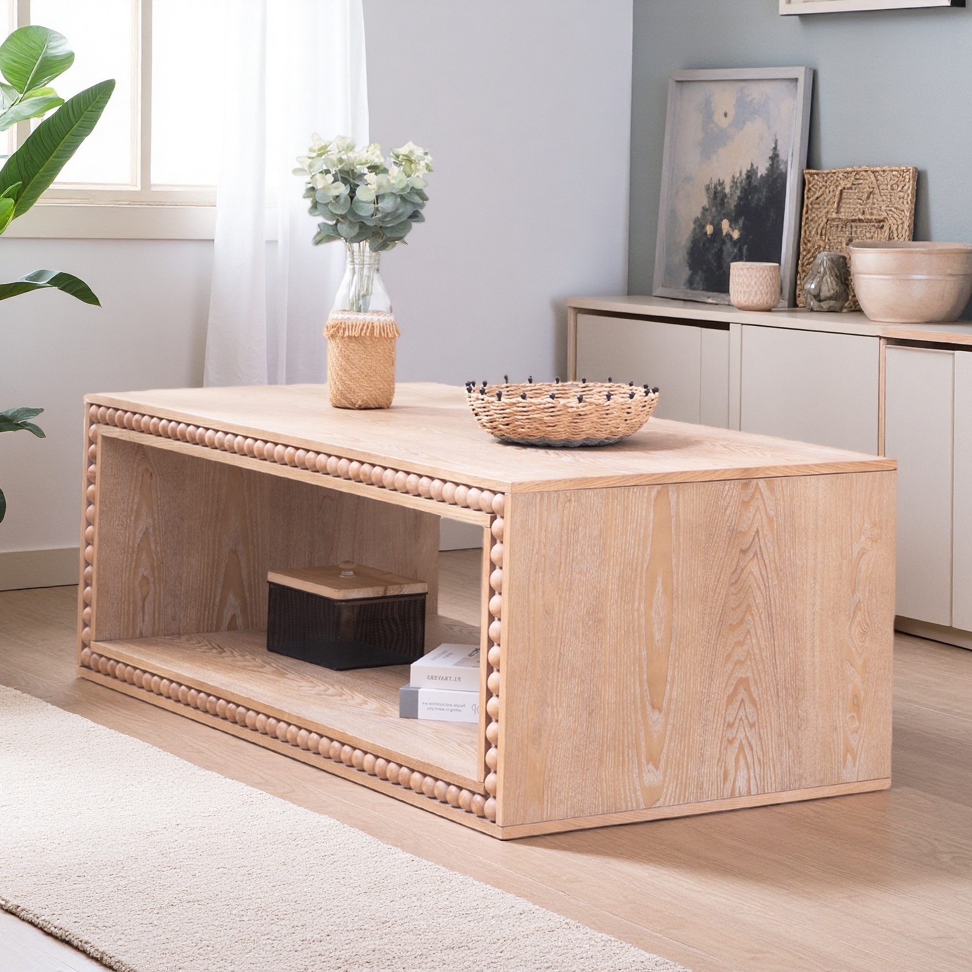 47.6" Rectangular Coffee Table with Beaded Edge and Shelf