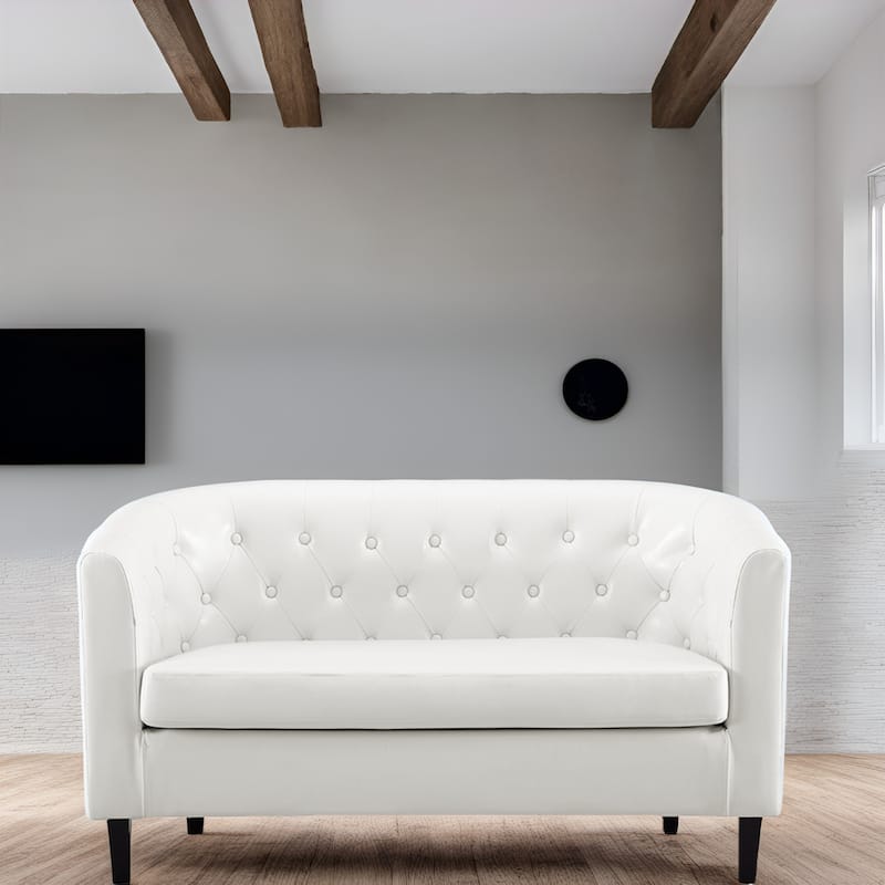 Midcentury Modern Button Tufted Faux Leather Barrel Loveseat - Comfy Tub Loveseat Sofa