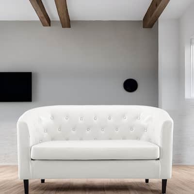 Midcentury Modern Button Tufted Faux Leather Barrel Loveseat - Comfy Tub Loveseat Sofa