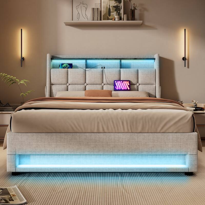 Roomfitters Full Size Upholstered Platform Bed with Storage System, USB Charging Ports