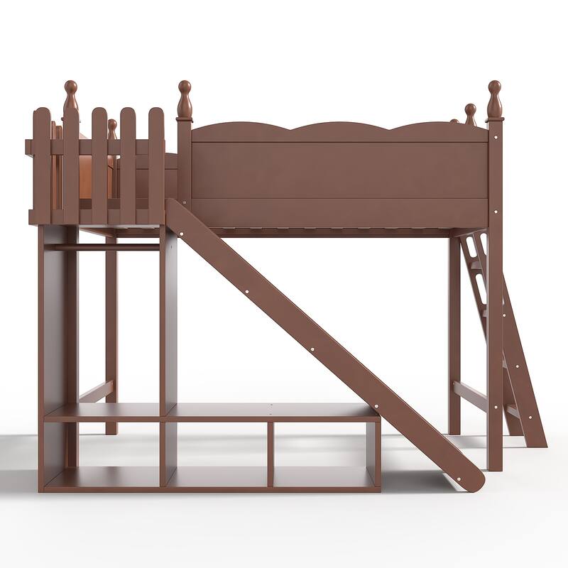 Twin Loft Bed with Storage Shelves and Wardrobe, Solid Wood Loft Beds with Detachable Slide and Ladders, No Spring Box Needed