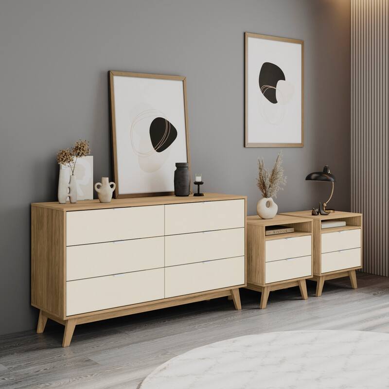 Kappesberg New Hanford 3-Piece Bedroom Set, six (6)-Drawer Dresser & Two (2) 2-Drawer Nightstand