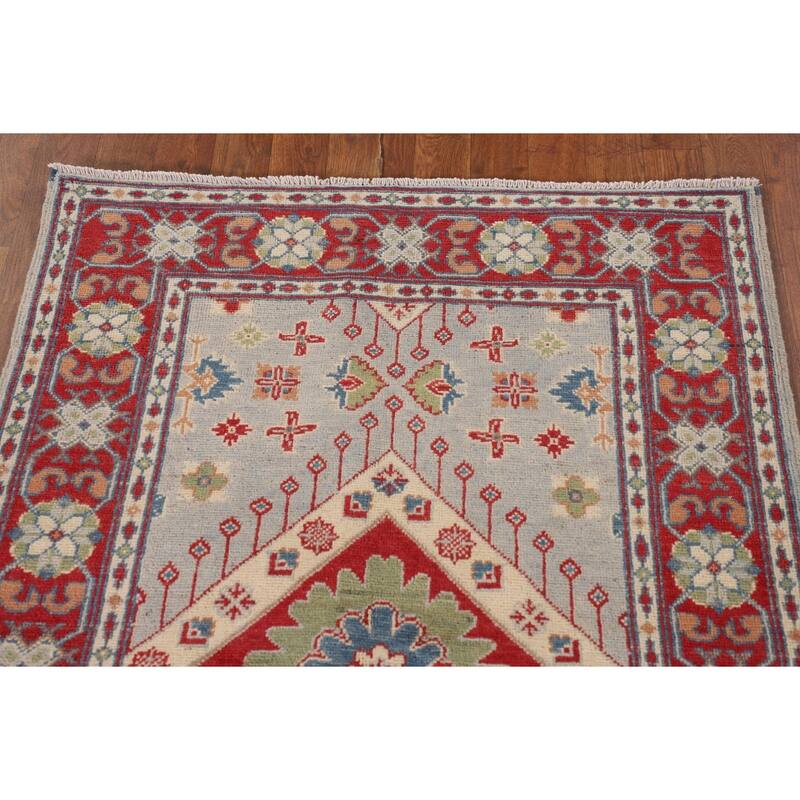 Grey Geometric Kazak Oriental Accent Rug Handmade Wool Carpet - 3'3"x 4'10"
