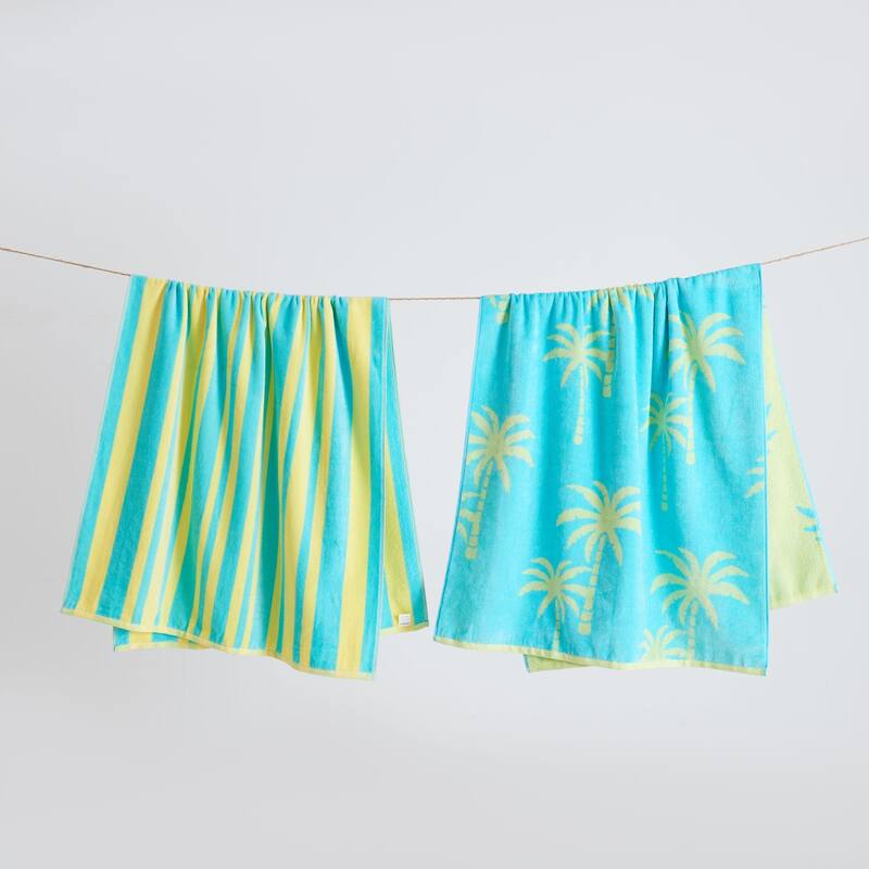 Luxurious Cotton Printed Beach Towel - 2 Pack- 30" x 60" - Palm Tree Blue / Yellow
