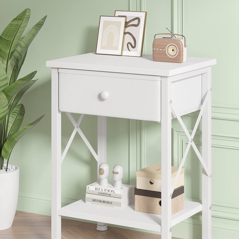 VECELO X Frame Nightstand with Removable Fabric Drawer Easy to Clean Nightstand Multifunctional End Table with Open Shelf