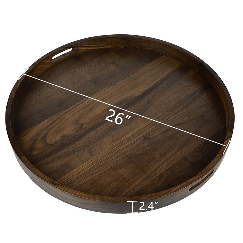 KINWELL Round Black Walnut Wood Serving Tray Ottoman Tray with Handles
