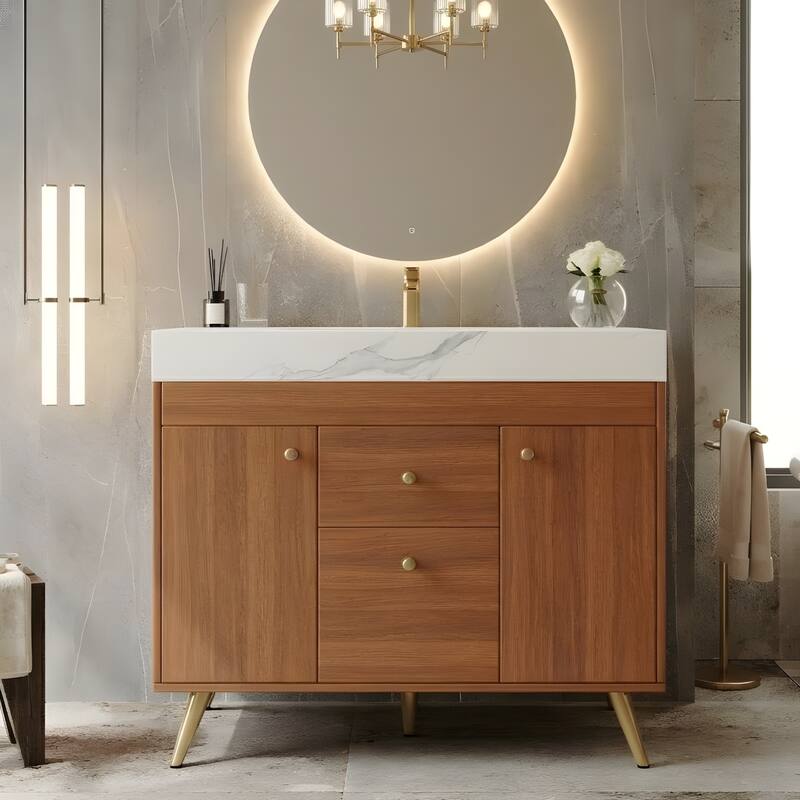 36" Modern Freestanding Bathroom Vanity with Sintered Stone Top, Ceramic Sink & Smart Storage