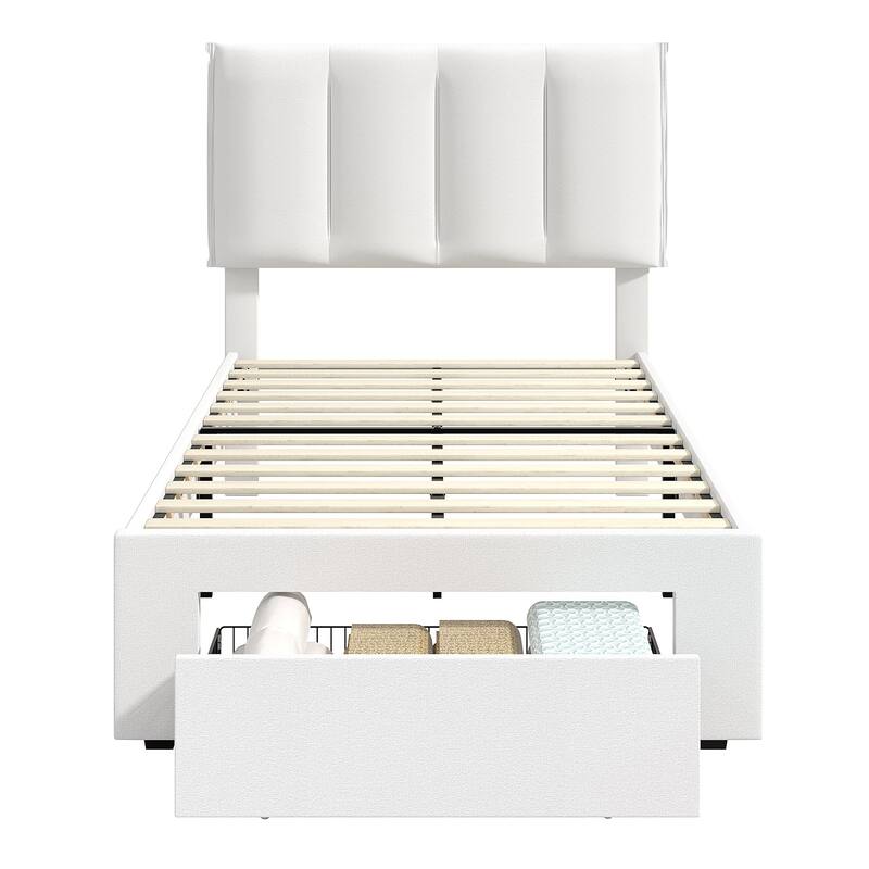White Bed Frame with 4 Storage Drawers, Upholstered Platform Bed Frame with Adjustable Headboard
