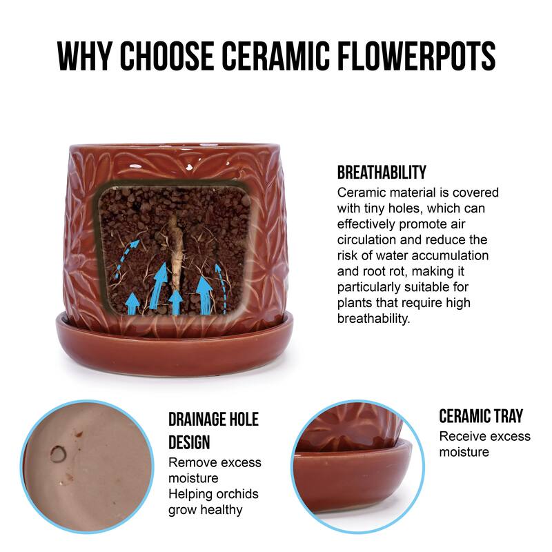 Set of 2 Handmade Modern Embossed Leaf Ceramic Planters with Saucers