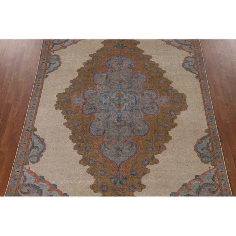 Distressed Tabriz Persian Antique Rug Hand-Knotted Wool Carpet - 7'1" x 10'11"