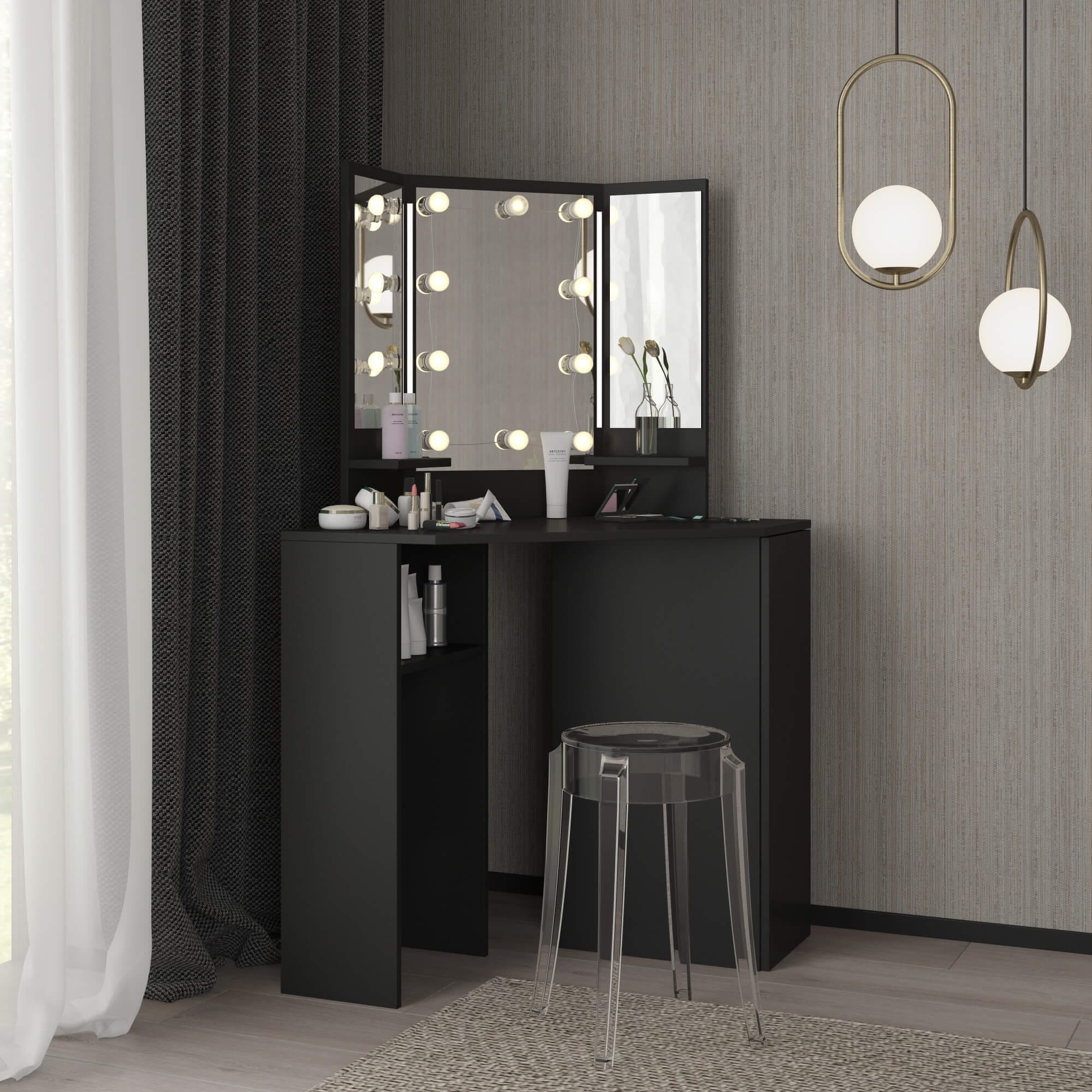 Black Pearl Corner Makeup Vanity with Storage and LED lights
