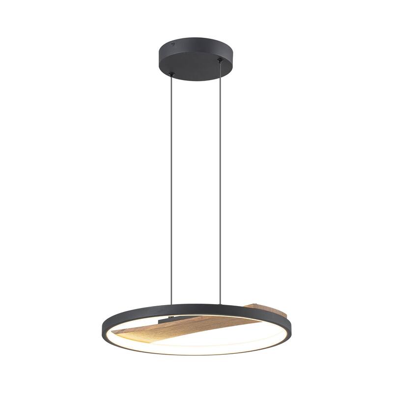 1-Light Modern Black Round Wheel Wood Integrated LED Pendant Light for Dining Room - 15.7 in. W x 81.1 in. H