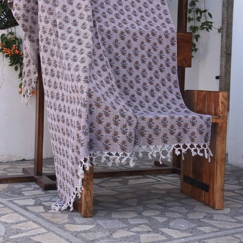 Fabdivine Coastal Tulip Handwoven Cotton Throw Blanket - Double-Sided Floral Block Print Decorative Throw with Fringe, 90" x 54"