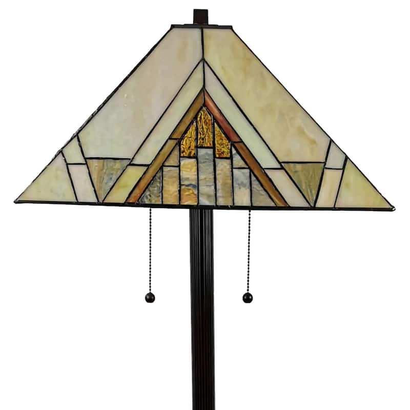 Beige Metal Torchiere Floor Lamp with Stained Glass Empire Shade - 17” x 17” x 62” (D x W x H)