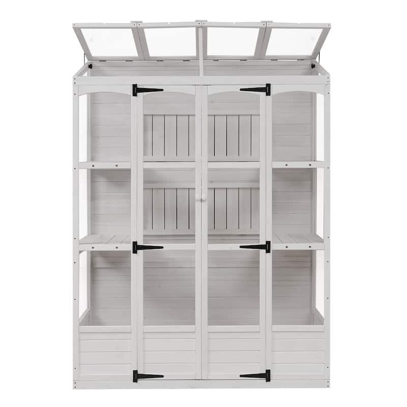 78-inch Wooden Greenhouse Cold Frame with 4 Independent Skylights and 2 Folding Middle Shelves