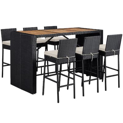Yaheetech 7-Piece Outdoor Bar Set with Wood Tabletop and Removable Cushions