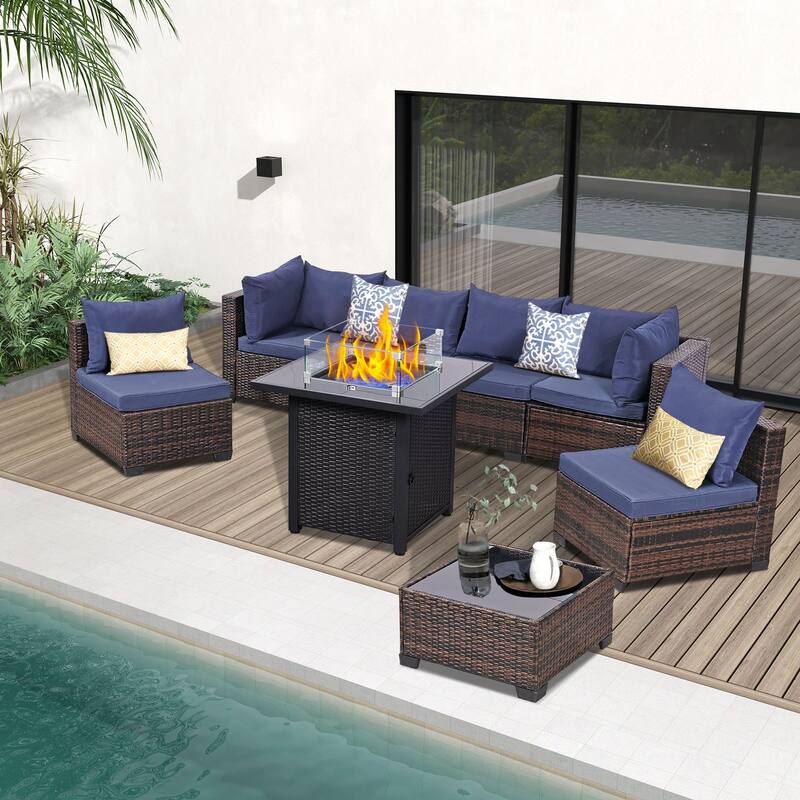 7 Pieces Wicker Rattan Outdoor Sectional Conversation Set with Coffee Table - Brown/Blue
