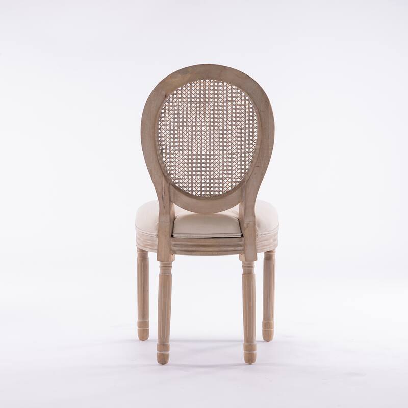 Set of 2 French Style Solid Wood Frame Linen Fabric Rattan Back Dining Chairs