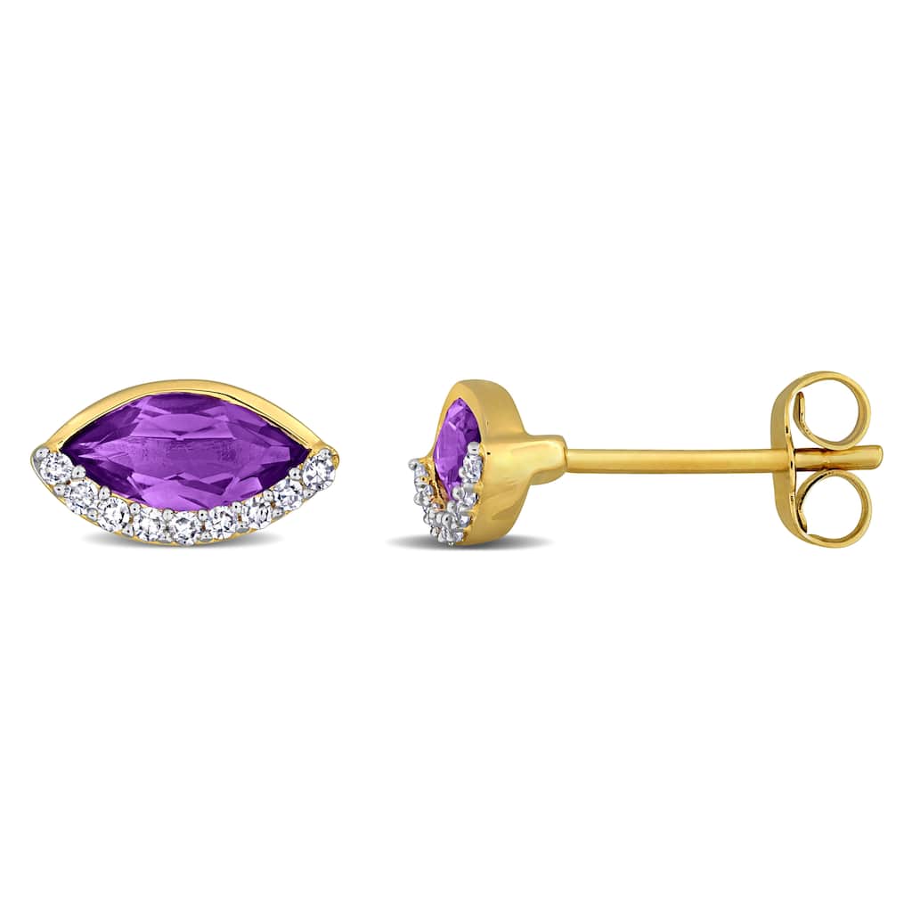 Miadora 1ct TGW Amethyst and 1/10ct TDW Diamond Marquise Stud Earrings in 14k Yellow Gold