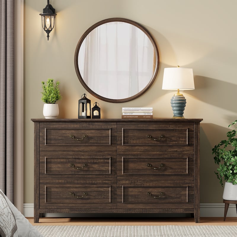 Farmhouse 6 Drawer Dresser for Bedroom, Vintage Dresser with Antique Handles