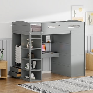 Maximized Storage Space Design Loft Bed with Guardrail, Sturdy Construction, Twin Size